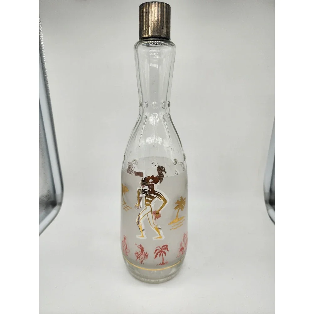 Vintage MCM Tropical Calypso Glass Decanter Frosted Gold Seahorse Tiki Bottle